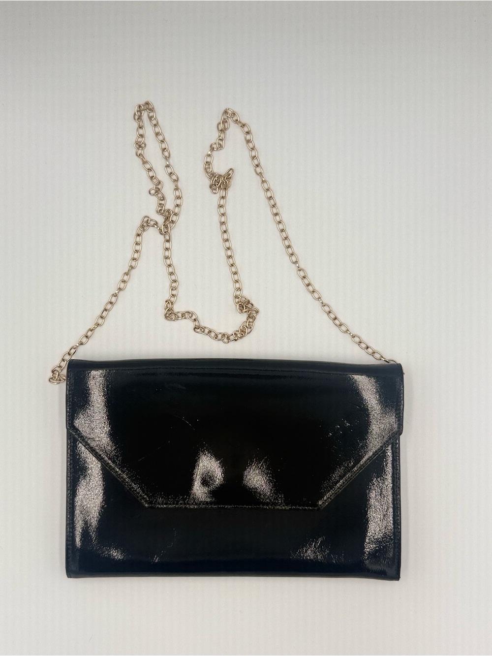 Halogen Black Patent Envelope Crossbody Bag with Gold Chain
